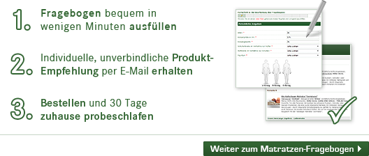 Unschlüssig? Nutzen Sie unseren Matratzen-Fragebogen und erhalten Sie anschließend eine individuelle und unverbindliche Produktempfehlung von unseren Schlafberatern.