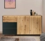 Sideboard Fira, massives Wildeichenholz mit Schwarzmetall und Anthrazitglas Massivholz-Sideboard Fira, Wildeiche mit Anthrazitglas und Schwarzmetall