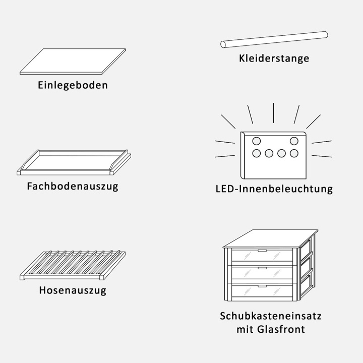 Zubehör für Kleiderschränke, z.B. Kleiderstange, Einlegeboden und Hosenauszug Zubehör für Kleiderschränke, z.B. Kleiderstange, Einlegeboden und Hosenauszug