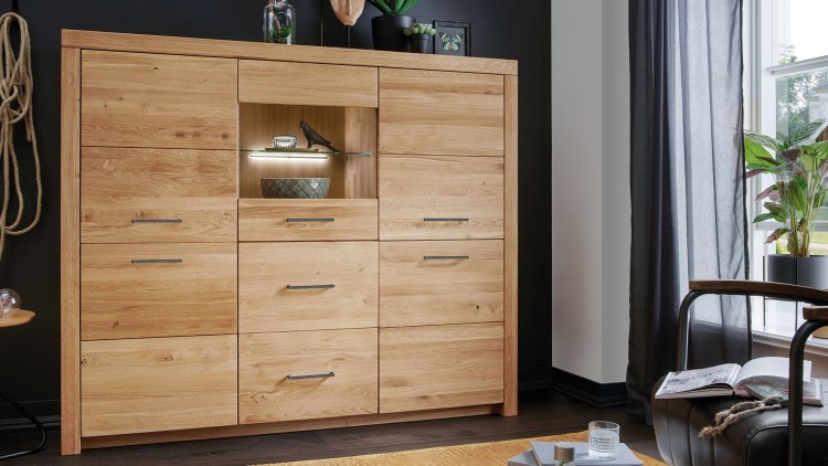 Highboard Sorano aus edlem Wildeichenholz mit markantem Rahmen