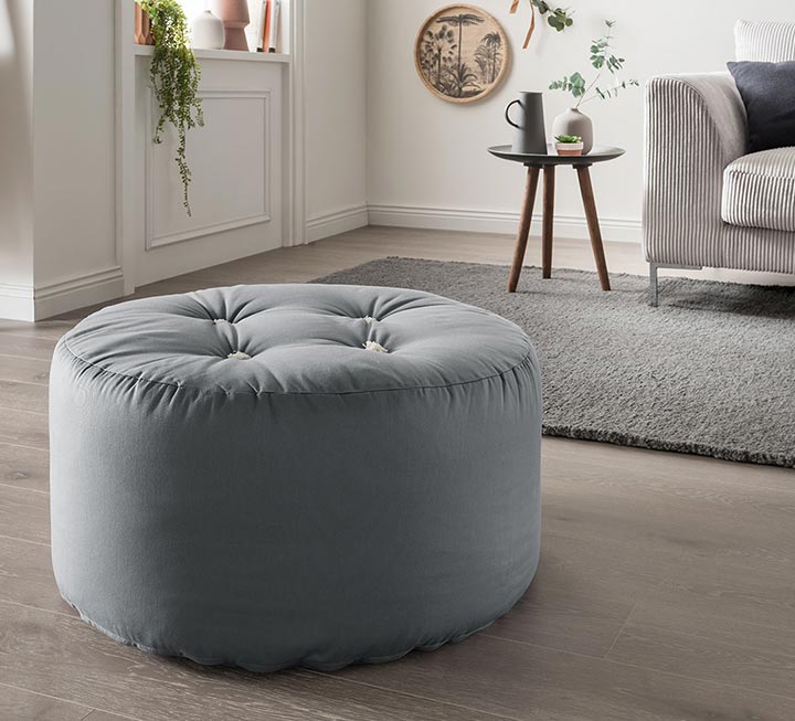 Pouf Vimo, rund - hoch, mit Baumwoll-Bezug in grau Pouf Vimo, rund - hoch, mit Baumwoll-Bezug in grau