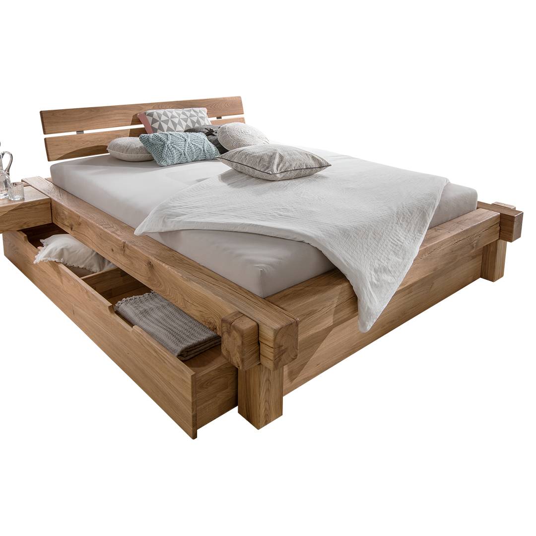 Schubkastenbett "Viga" | 200x200 cm | Wildeiche geölt | Bio-Material | Handgefertigt | schadstoffgeprüft | Massivholzbetten