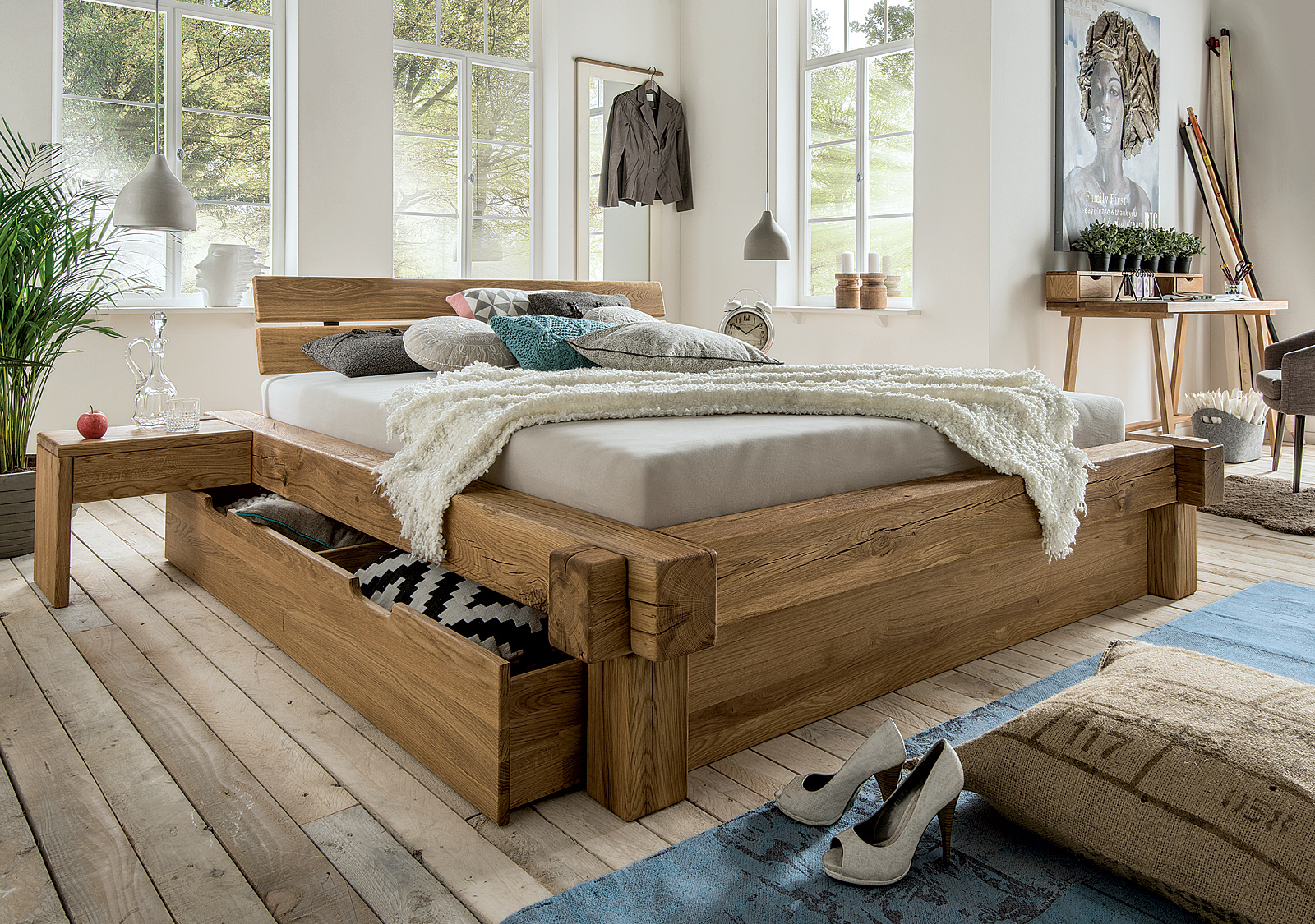 Schubkastenbett "Viga" - massiv Eiche