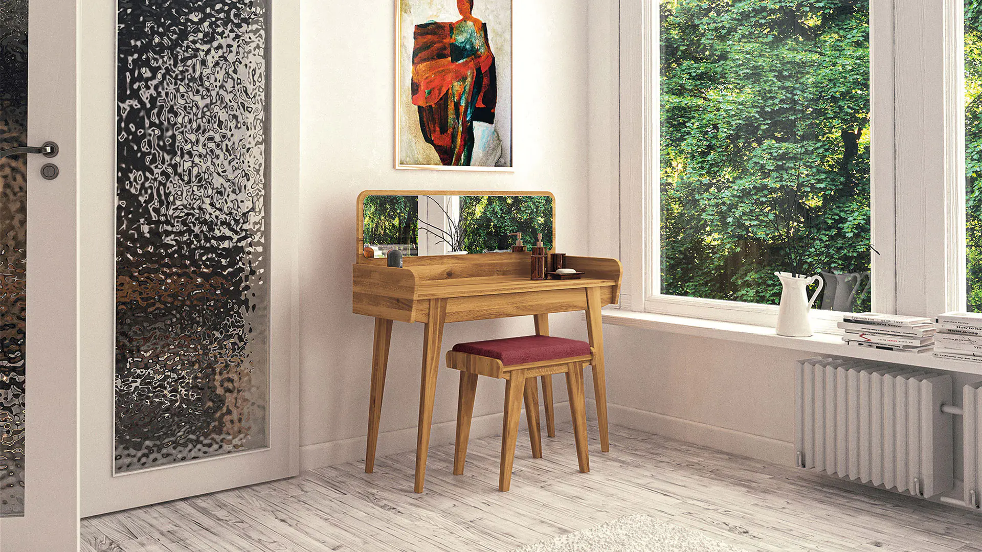 Hocker Lasala aus massivem Buchenholz im Retro-Stil - Bezug in mauve