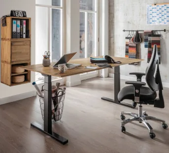 Schreibtisch Movedo in formschönem Wildeichenholz mit modernen Metallkufen