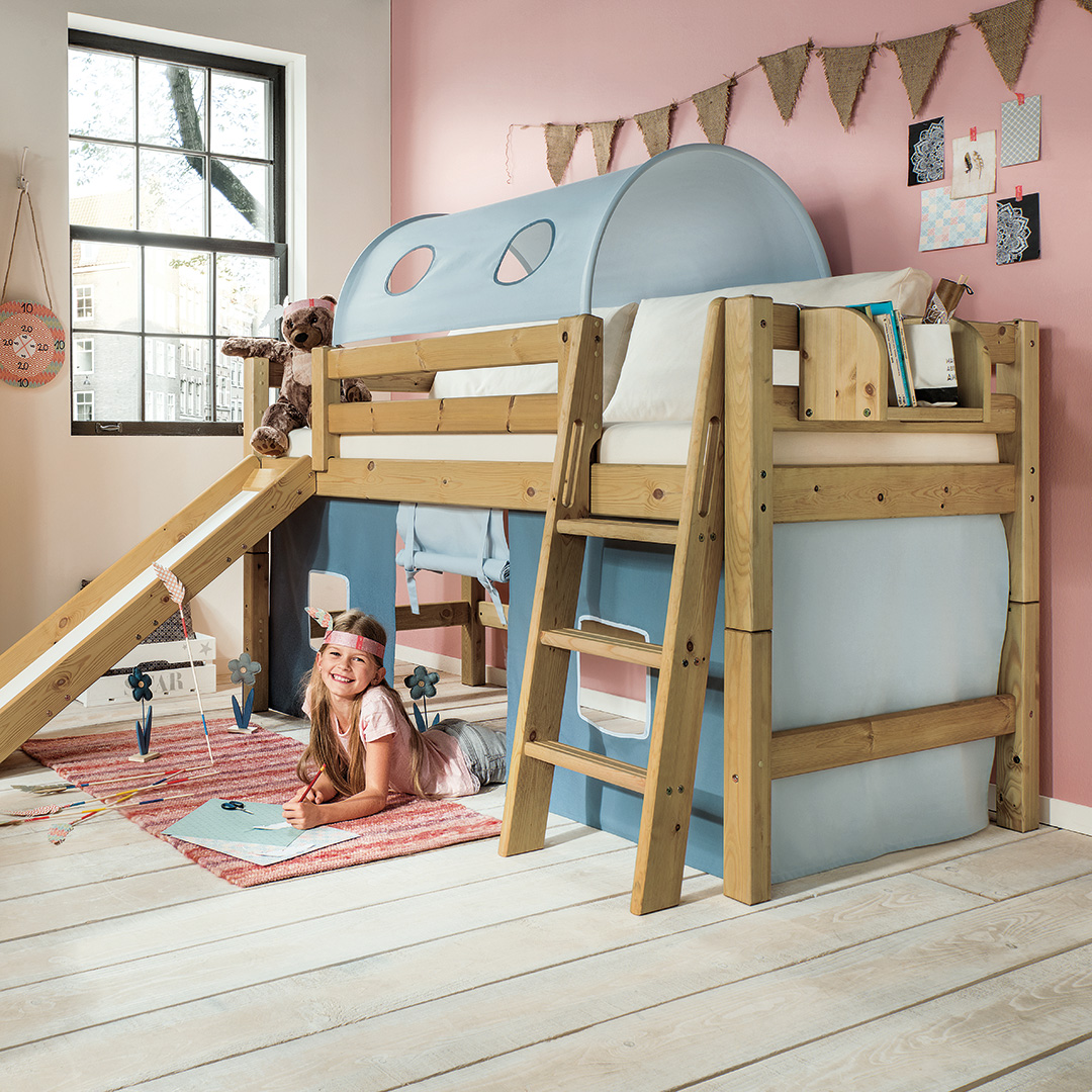 Hochbett-Konfigurator "Kiddy" | türkis | Bio-Material | Handgefertigt | Spielvorhang "B" für Mini-Hochbett | schadstoffgeprüft | Kinder-Betten