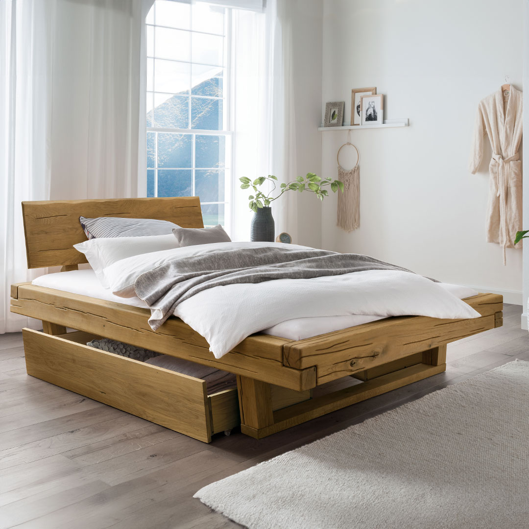 Schubkastenbett "Tegora" | 140x200 cm | Wildeiche geölt | Bio-Material | Handgefertigt | schadstoffgeprüft | Massivholzbetten
