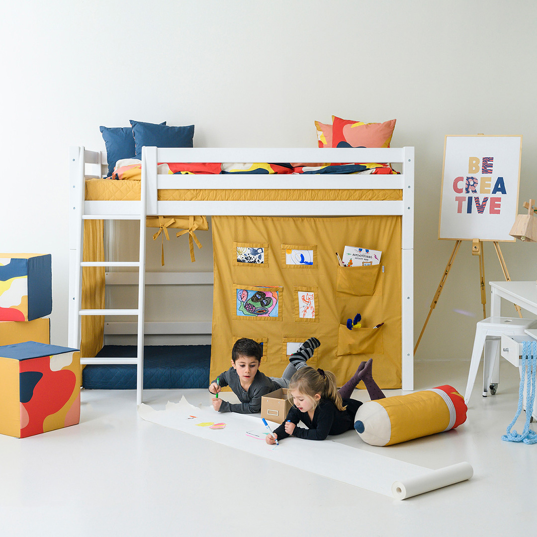 Mittel-Hochbett "Ortholino" | 90x200 cm | Bio-Material | Handgefertigt | mit Leiter | schadstoffgeprüft | Kinder-Betten