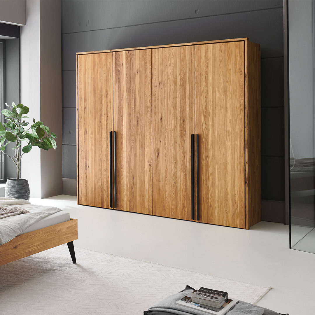 Drehtüren-Kleiderschrank "Albero" | Wildeiche, bianco | Bio-Material | Handgefertigt | 5-türig ohne Schubladen | schadstoffgeprüft | Massivholz-Kleiderschränke