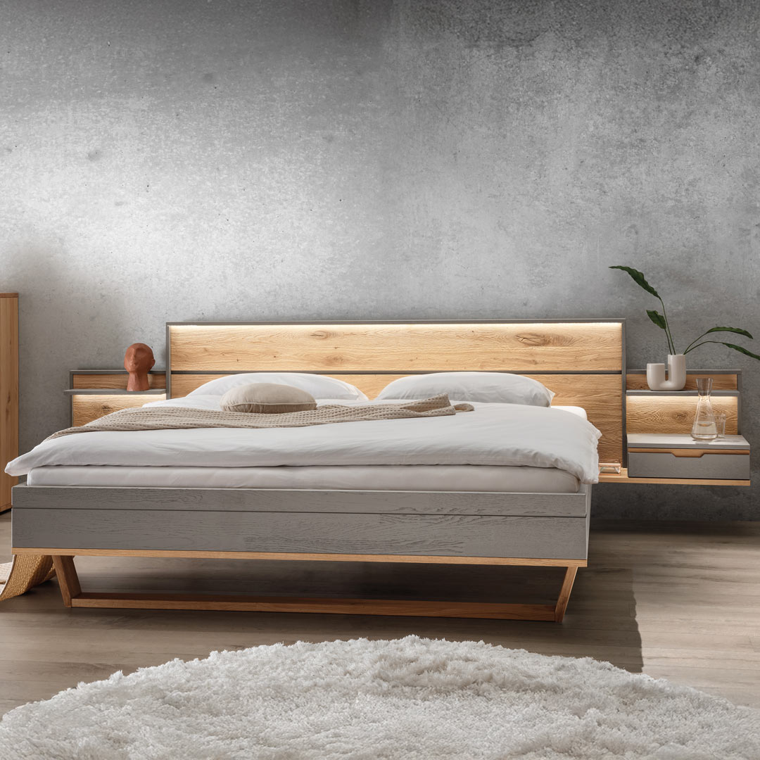 Schwebebett "Gravia" | 140x200 cm | Wildeiche grau | Bio-Material | Handgefertigt | schadstoffgeprüft | Massivholzbetten