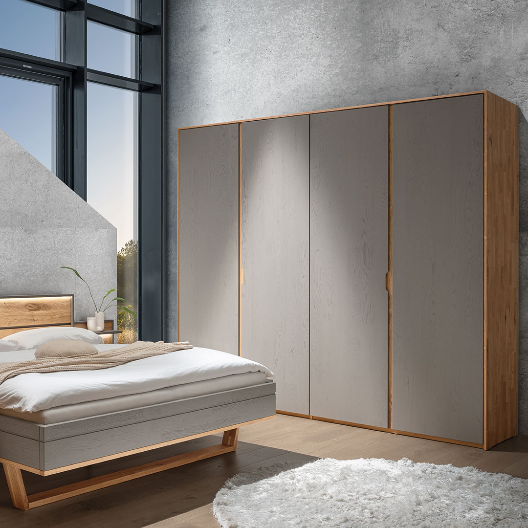 Drehtüren-Kleiderschrank "Gravia" | Wildeiche grau | Bio-Material | Handgefertigt | 2-türig | schadstoffgeprüft | Massivholz-Kleiderschränke