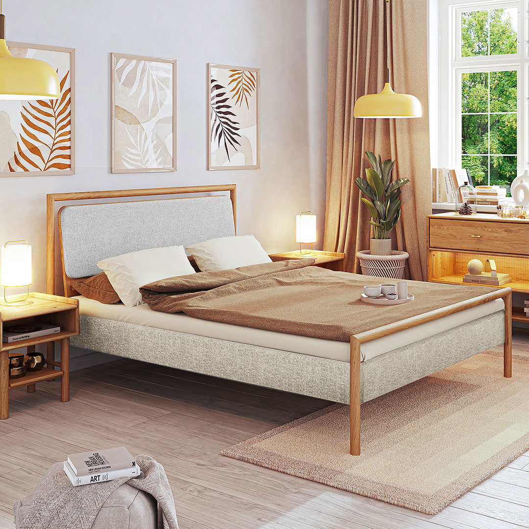 Polsterbett "Serea" | 90x200 cm | Kernbuche geölt | Bio-Material | Handgefertigt | schadstoffgeprüft | Massivholzbetten