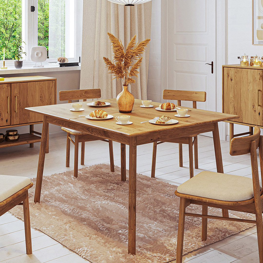 Tisch "Serea" | 100x120 cm | Wildeiche, geölt | Bio-Material | Handgefertigt | mit Auszug | schadstoffgeprüft | Esstische