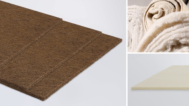 Links Kokosmatten, rechts oben Baumwoll-Abdeckung, darunter Naturlatex-Platten