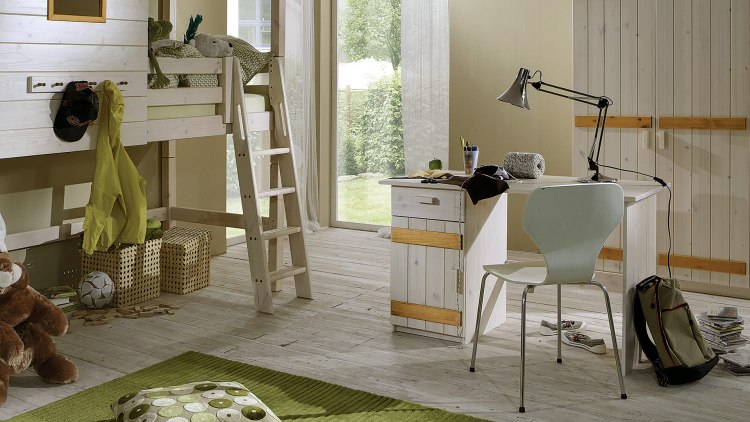 Harmonisches Lernen am Schreibtisch Kiddy - Kiefer, weiß-lasiert mit gelaugt/geölten Querlatten