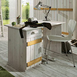 Schreibtisch in Kiefer, weiß-lasiert mit dekorativen Querlatten in gelaugt/geölt