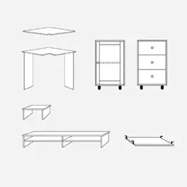 V.l.n.r.: Eckplatte und -tisch, Roll-Container 01 und 02, Aufsatz 01 und 02 und Tastatur-Auszug V.l.n.r.: Eckplatte und -tisch, Roll-Container 01 und 02, Aufsatz 01 und 02 und Tastatur-Auszug