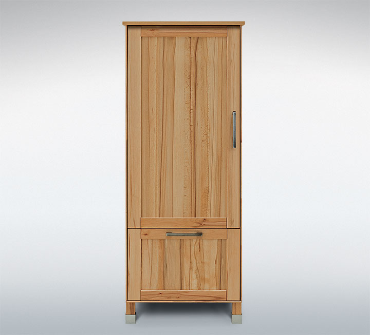 Kühlschrankmodul mit attraktiver Kassetten-Front in Kernbuche Kühlschrankmodul mit attraktiver Kassetten-Front in Kernbuche