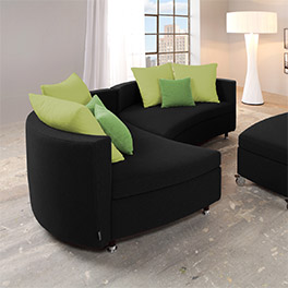 Couchlandschaft in Stoffart Tango, Korpus in schwarz, große Kissen in pastellgrün, kleine Kissen in farn Couchlandschaft in Stoffart Tango, Korpus in schwarz, große Kissen in pastellgrün, kleine Kissen in farn
