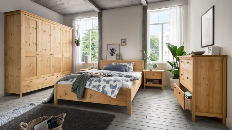 Modernes Bett in skandinavischem Design aus massivem Kiefernholz