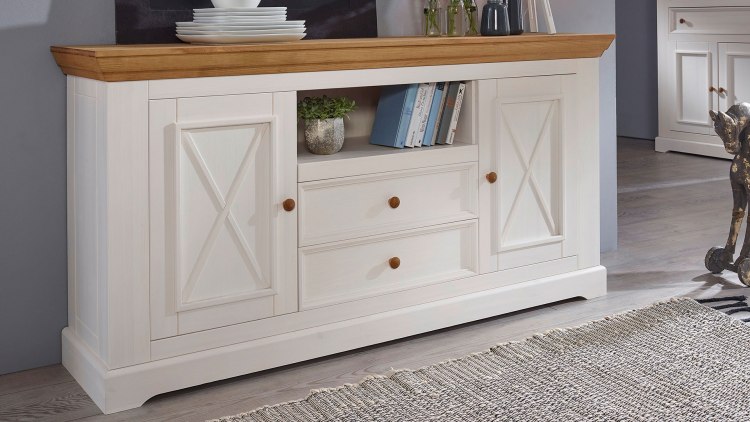 Massivholz Sideboard Molina, massive Kiefer, weiß-gewachst, Variante 01