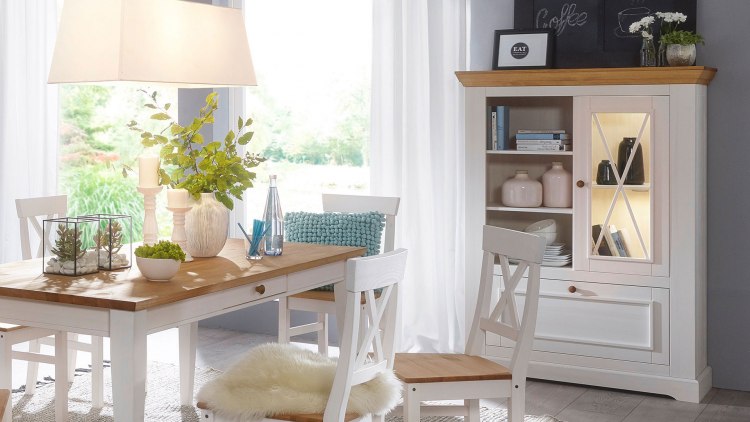 Massivholz Highboard Molina, Kiefernholz weiß gewachst